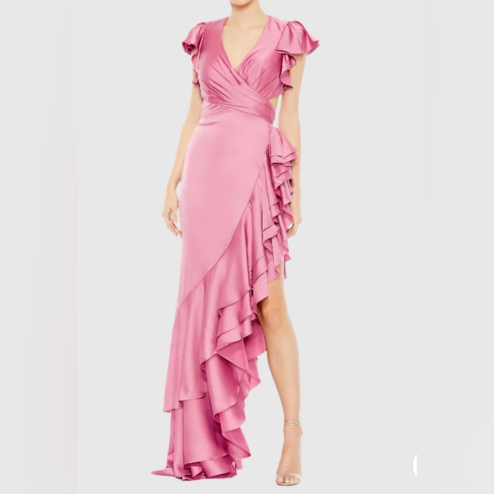 Mac Duggal FLUTTER SLEEVE CUT OUT ASYMMETRICAL RUFFLED GOWN